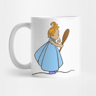 Cute little ginger girl blue dress looking in mirror Mug